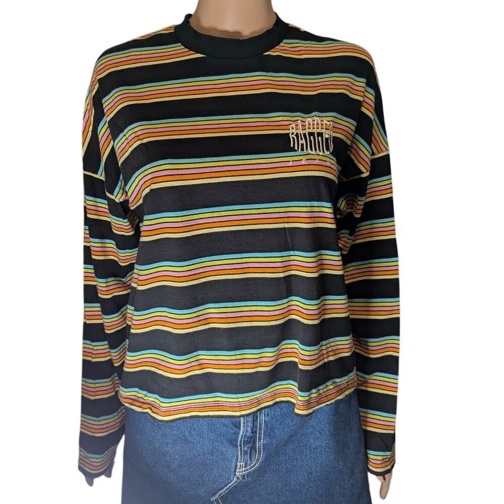 Ragged Jeans Rainbow Stripe Long Sleeve Tee Embroidered XS Y2K Indie